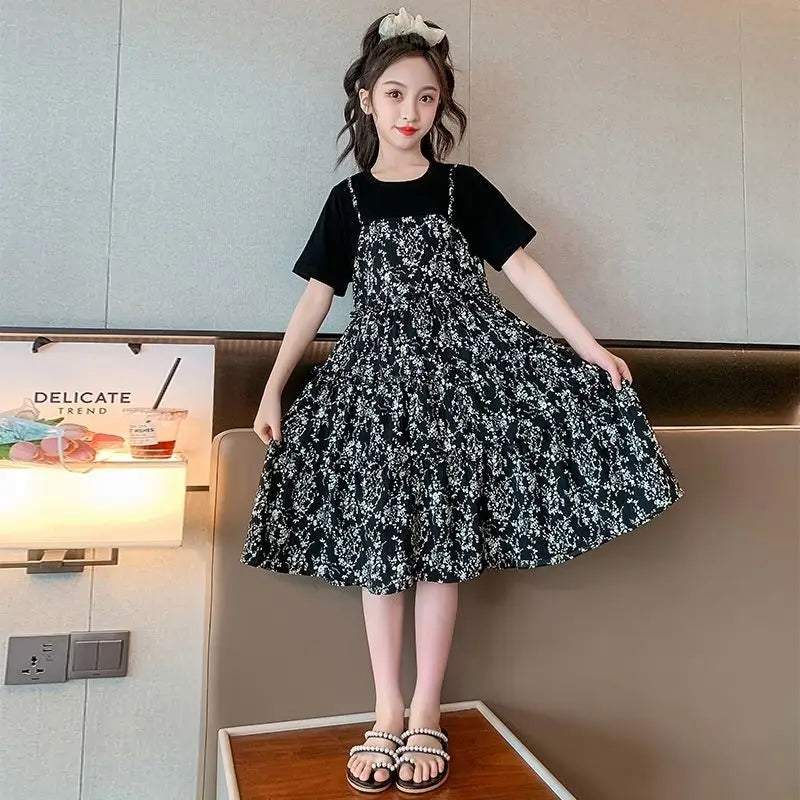 Floral Print Children's Round Neck Suit for Girls Dresses Costume Year Old Dress Sets From 8 12 Years Kids Girl Summer Princess