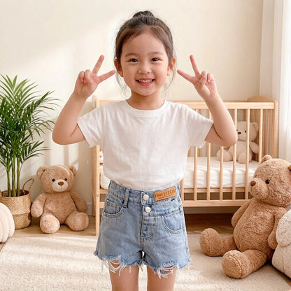 Women's Kids Summer Ripped Denim Shorts with Embossed Logo Casual Wear for Girls Cotton Blend Stretchy Jeans Shorts for Kids