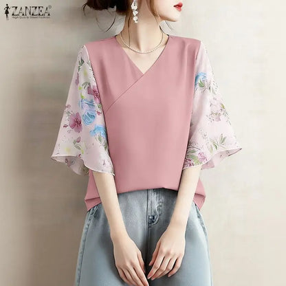 ZANZEA Woman Floral Print 3/4 Sleeve Blouses Elegant Patchwork V-Neck Pullover Tops 2026 Summer Daily Casual Blusas de Mujer
