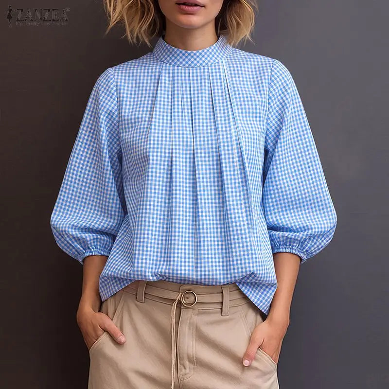 ZANZEA Vintage Gingham Pleated Blouses Woman Mock Neck 3/4 Lantern Sleeves Loose Tops 2026 Autumn Casual Daily Wear Blusas Mujer