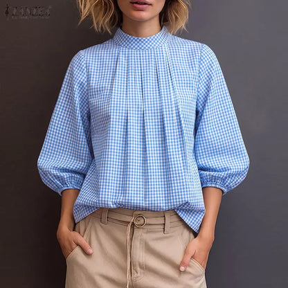 ZANZEA Vintage Gingham Pleated Blouses Woman Mock Neck 3/4 Lantern Sleeves Loose Tops 2026 Autumn Casual Daily Wear Blusas Mujer