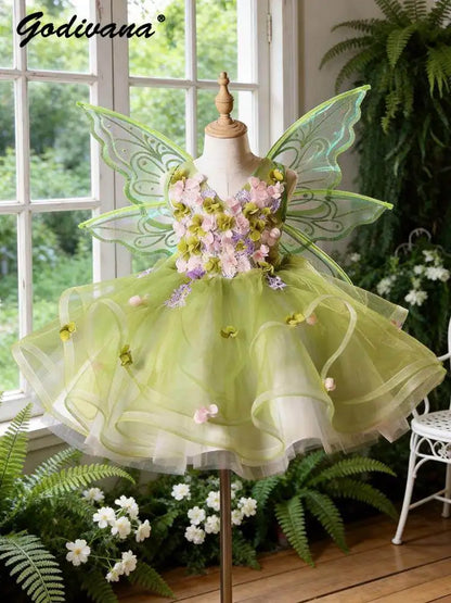 Sweet Baby Girls Butterfly Wing Princess Lolit Dress New Summer 2026 Kids Luxury Pastorale Floral Tulle Sleeveless Ball Gown