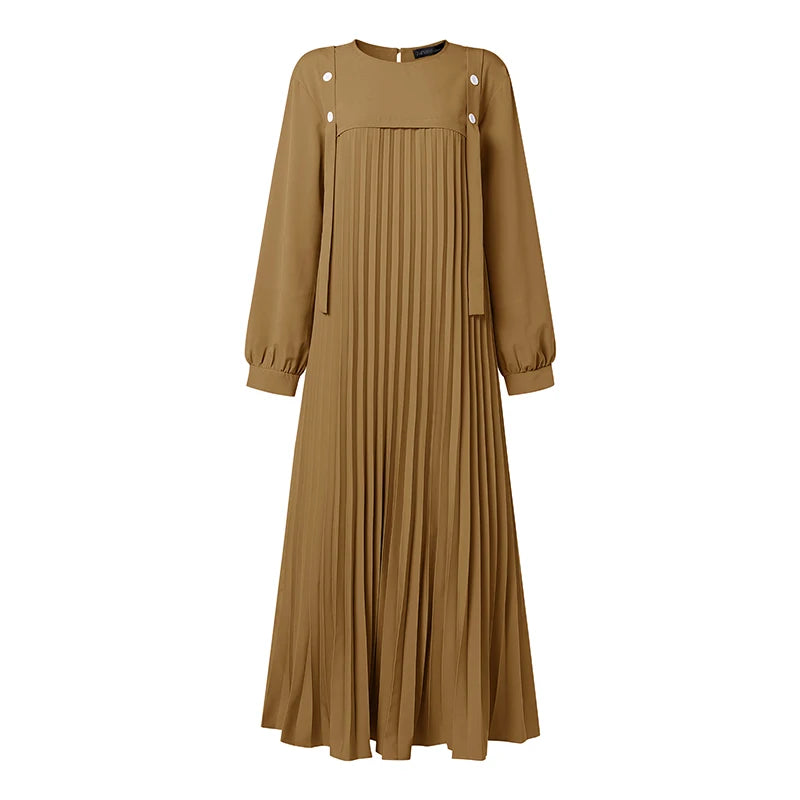 ZANZEA Muslim Women Patchwork Maxi Dress Ramadan Abaya Elegant O Neck Long Sleeve Pleated Sundress Robe Femme Casual Kaftan 2026