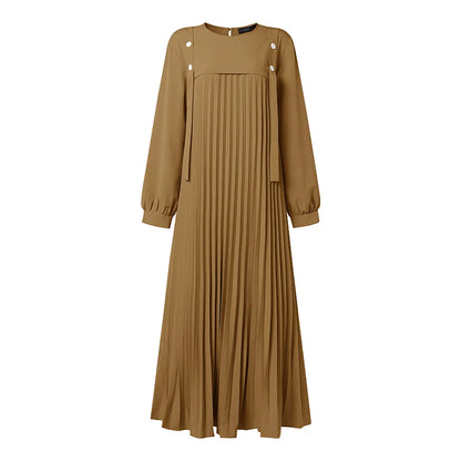 ZANZEA Muslim Women Patchwork Maxi Dress Ramadan Abaya Elegant O Neck Long Sleeve Pleated Sundress Robe Femme Casual Kaftan 2026