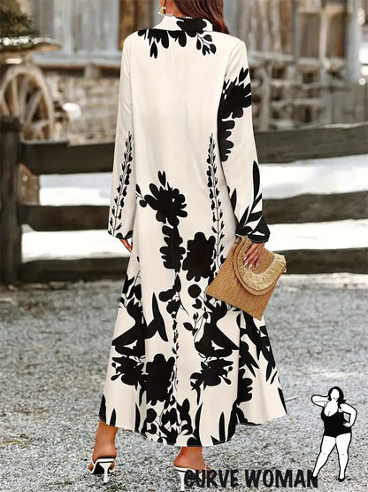 Large size women's autumn casual black and white long sleeves appointment printing long sleeves medium length, realize the mouth