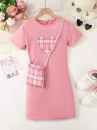 Casual Plaid Heart Patchwork Embroidery Dress for Girls with Short Sleeves Outdoor Scene Suitable Girls Dress with Crossbody Bag