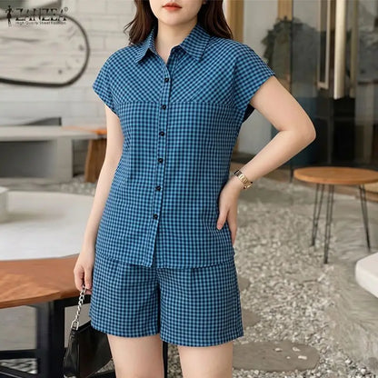 ZANZEA Women Gingham 2 Piece Matching Sets Summer Cap Sleeves Shirts & Elastic Waist Shorts 2pcs Suits Casual Short Sets Outfits