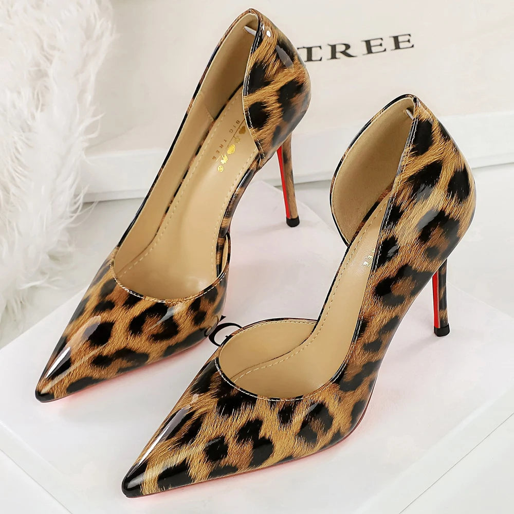 BIGTREE Shoes Leopard Women Pumps Stiletto 7.5 Cm 10 Cm Patent Leather High Heels Sexy Party Shoes Pointed Tip Ladies Shoes New