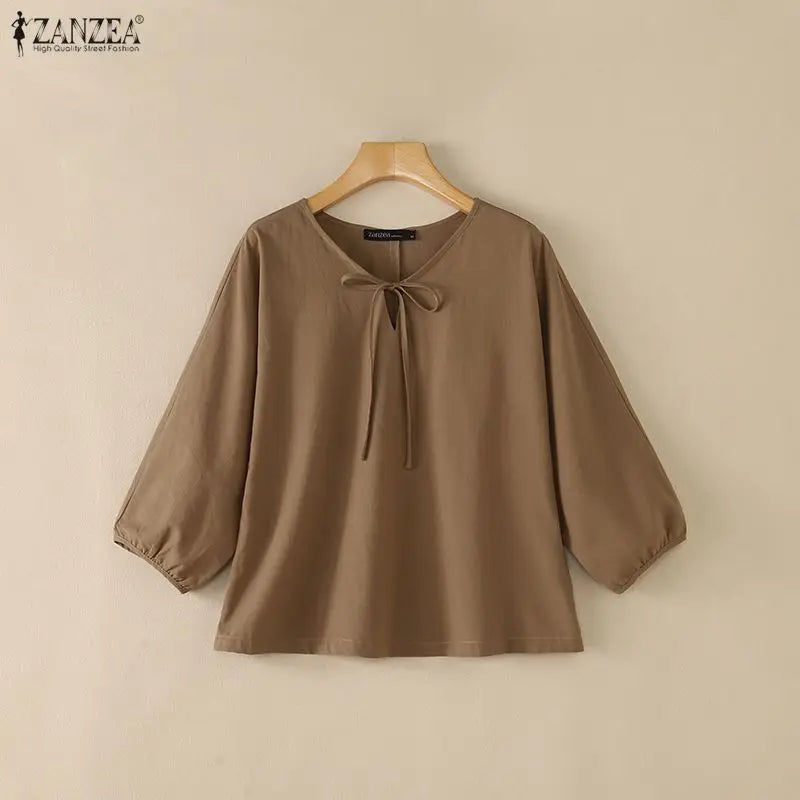 Summer Autumn Solid Color Tops ZANZEA Casual V Neck Blusas Women Blouse OL Work Tee 3/4 Sleeve Tunic Lace-up Streetwear Oversize