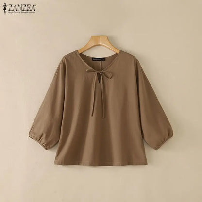 Summer Autumn Solid Color Tops ZANZEA Casual V Neck Blusas Women Blouse OL Work Tee 3/4 Sleeve Tunic Lace-up Streetwear Oversize
