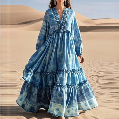 Women Tie Dye Maxi Dress Deep V Neck Ruffle Trim Lantern Long Sleeve Tiered Ruffle Swing Flowy Boho Beach Holiday A-Line Dresses