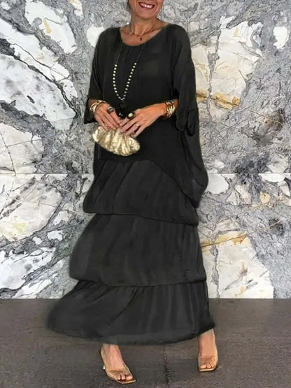 Fashion New Chiffon Printing Mesh Bat Sleeve O Neck Long Women's Dresses Summer Casual Loose Elegant Female Holiday Beach Dress
