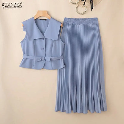 ZANZEA Summer Office Outfits Fashion Women Dress Sets Elegant Lapel Neck Sleeveless Vests Tops A Line Pleated Skirt Suit OL Work