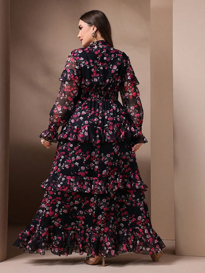 TOLEEN Spring Summer Plus Size Women's Elegant Floral Print Mesh Flare Sleeve Dress 2024 New in Casual V-Neck Party Long Dresses