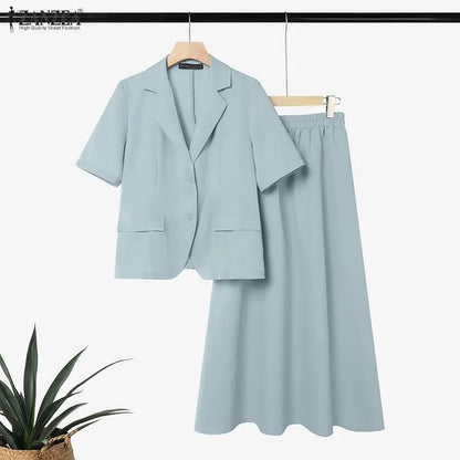ZANZEA Women Elegant Chic Matching Skirt Sets Lapel Collar Short Sleeve Tops & A-Line Maxi Skirts 2pcs Suits Office Wear Outfits