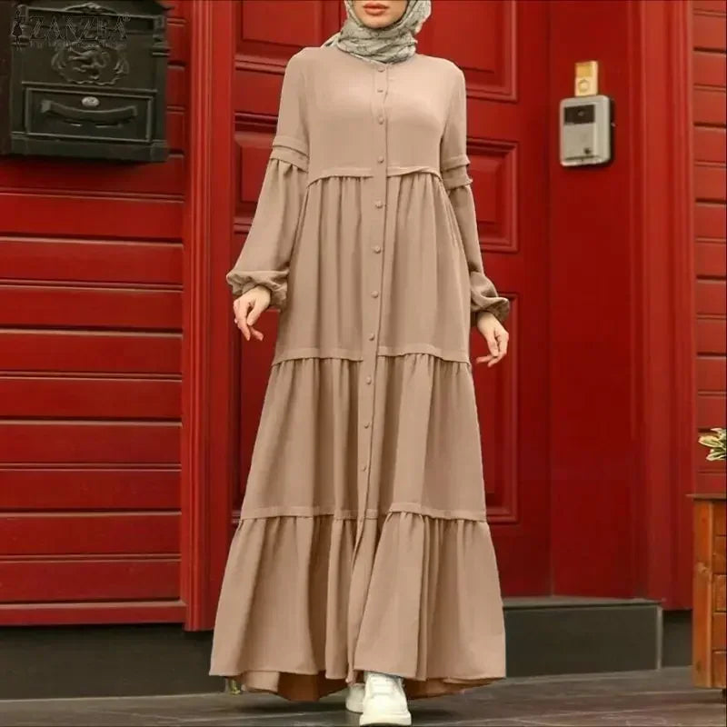 Women Autumn Dresses ZANZEA Muslim Abaya Robe Femme Elegant Long Sleeve Pleated Sundress Ramadan Kaftan Solid Button Vestido