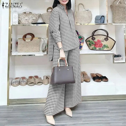 ZANZEA Women's Gingham Pant Suits Collared Long Sleeve High-Low Blouse & Wide Leg Pant 2 Pieces Sets Streetwear Casual Outfits