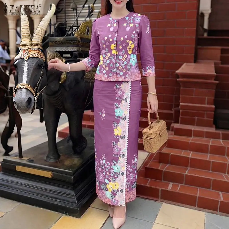 ZANZEA Women's Elegant Floral Print 2 Pieces Matching Skirt Sets 3/4 Sleeve Blouses & Maxi Skirts Suits Office Lady Outfits 2pcs
