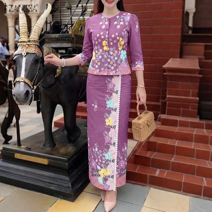 ZANZEA Women's Elegant Floral Print 2 Pieces Matching Skirt Sets 3/4 Sleeve Blouses & Maxi Skirts Suits Office Lady Outfits 2pcs