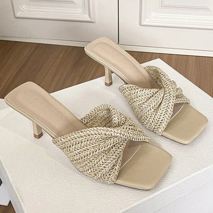 BIGTREE Shoes Women Mule Heels 6.5 Stiletto Weave Women Pumps High-Heeled Slippers Women Sandas Summer Shoes Sexy Kitten Heels
