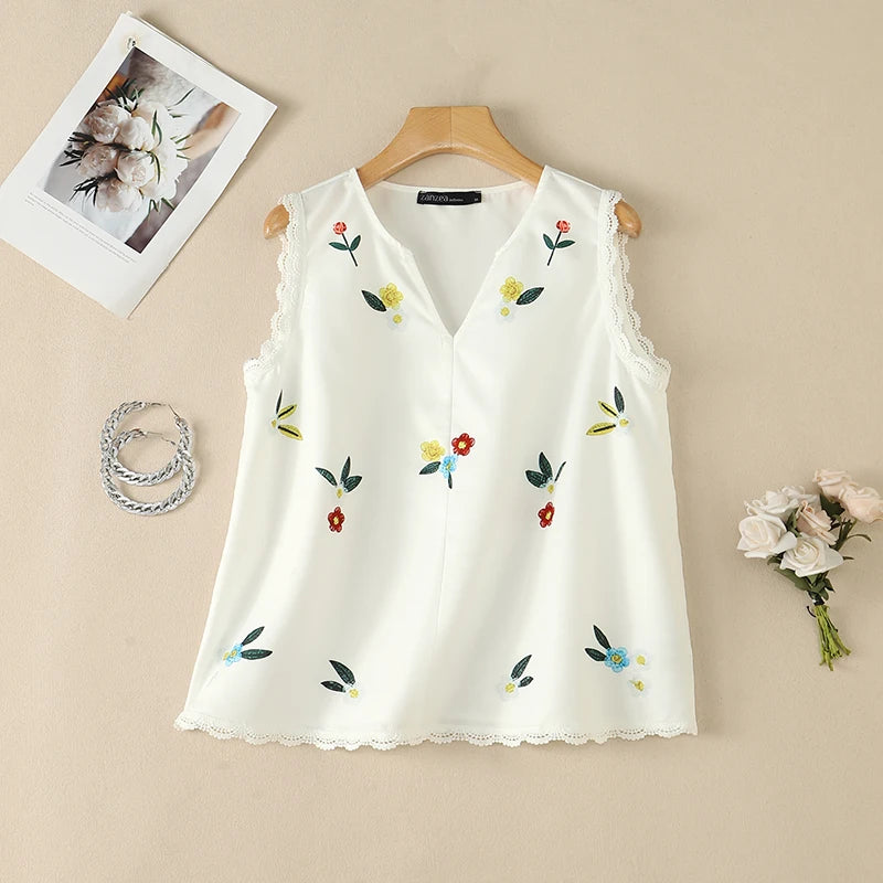 ZANZEA Woman Summer Floral Prints Tank Tops V-Neck Lace Trim A-Line Sleeveless Tops Casual Vacation Beach Blouses 2026 New