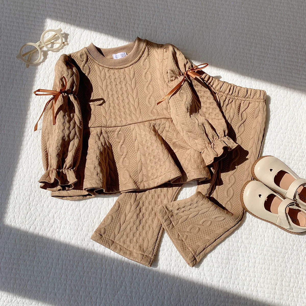 2026 Autumn New Children Long Sleeve Clothes Set Girls Cute Bow Loose Tops + Flared Trousers 2pcs Suit Kids Girls Outfits