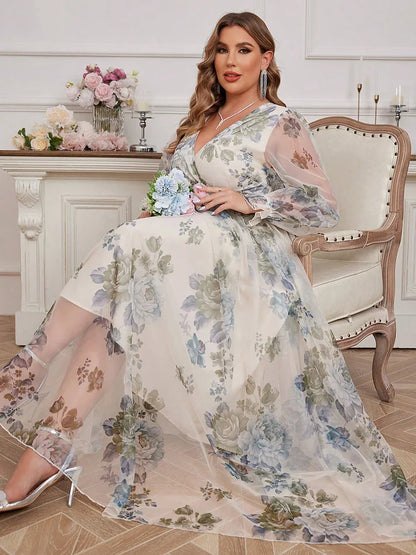 TOLEEN Plus Size Women's Floral Print V-Neck Spliced Mesh Dress 2024 New Summer Spring Casual Elegant Formal Party Maxi Dresses