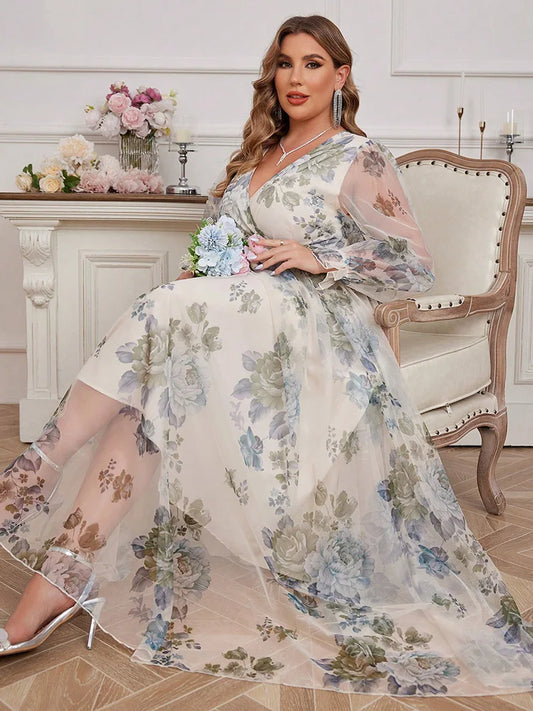 TOLEEN Plus Size Women's Floral Print V-Neck Spliced Mesh Dress 2024 New Summer Spring Casual Elegant Formal Party Maxi Dresses