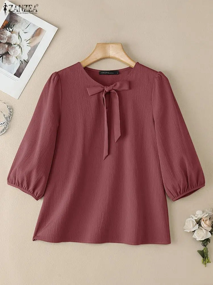 ZANZEA Elegant Bow Detailed Women Blouses Autumn 2025 Keyhole Neck 3/4 Puff Sleeve Crinkled Solid Color Tops Fashion Woman Cloth