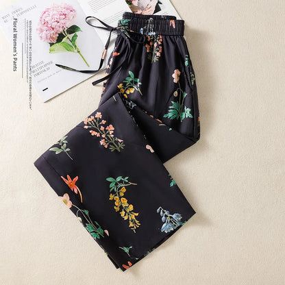 High Waist Wide Leg Printed Casual Pants Summer Thin Large Size Versatile Loose Fit Nine Points Pants Ladies Casual Trousers