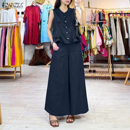 ZANZEA Women's Casual Fashion Pant Sets Ruffled Hem Sleeveless Tops & Wide Leg Pants 2 Piece Suits Summer Commute Work Outfits