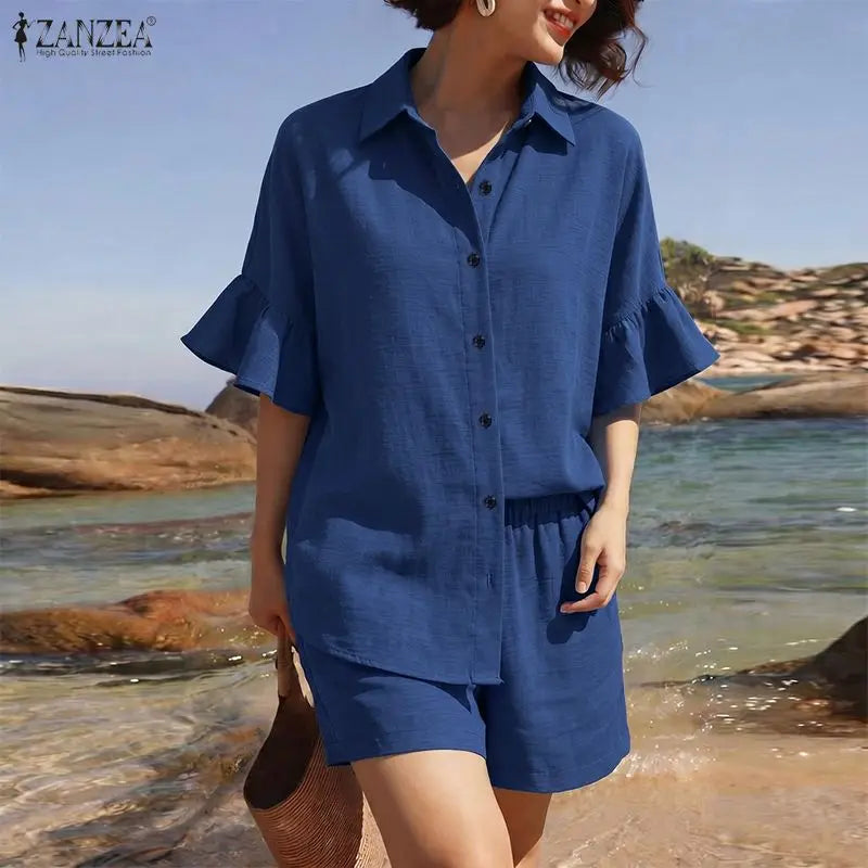 ZANZEA Fashion Women Lapel Neck Half Sleeve Shirt Shorts Sets Summer 2 Pieces Sets Casual Holiday Tracksuit Solid Work Outfits