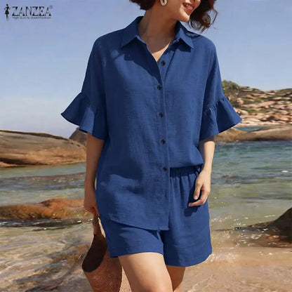 ZANZEA Fashion Women Lapel Neck Half Sleeve Shirt Shorts Sets Summer 2 Pieces Sets Casual Holiday Tracksuit Solid Work Outfits