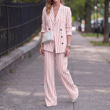 ZANZEA Casual Office Stripe Suits Women Striped Outfit Two Piece Vintage Long Sleeve Double Breasted Blazer Wide Leg Pants Sets