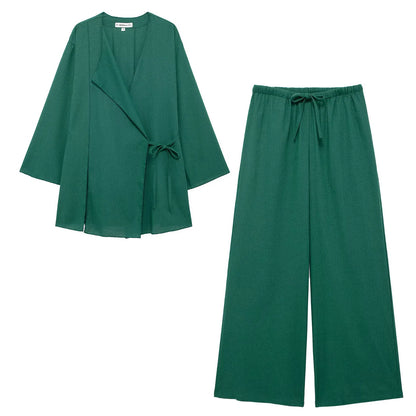 HH 2025 Spring Women Fashion Linen Suits New Solid Cardigan Kimono Top + Versatile Outerwear Female Wide Leg Long Pant