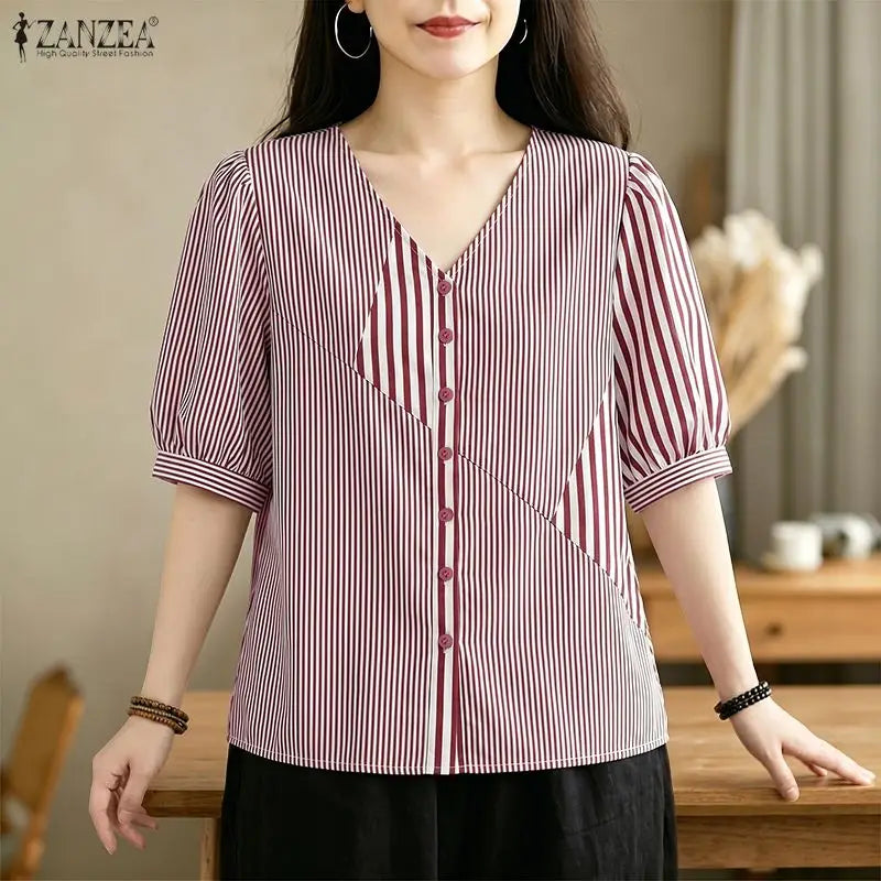 ZANZEA 2026 Woman Striped Patchwork Button Up Shirts V-Neck Half Puff Sleeve Blouses Summer Daily Casual Commute Camisas Mujer