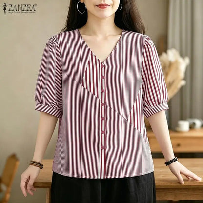 ZANZEA 2026 Woman Striped Patchwork Button Up Shirts V-Neck Half Puff Sleeve Blouses Summer Daily Casual Commute Camisas Mujer