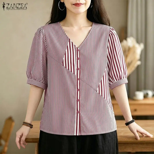 ZANZEA 2026 Woman Striped Patchwork Button Up Shirts V-Neck Half Puff Sleeve Blouses Summer Daily Casual Commute Camisas Mujer
