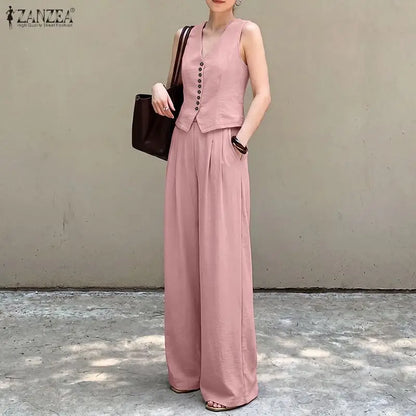 ZANZEA Women Elegant 2-Piece Matching Sets Sleeveless Vests & Wide Leg Pants 2pcs Pant Sets Summer Office Lady Work Suits Outfit