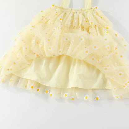 Infant Baby Girl Summer Tulle Dress 0-5T Daisy Print Tiered Cake Skirt Spaghetti Strap Princess Girl Party Dress