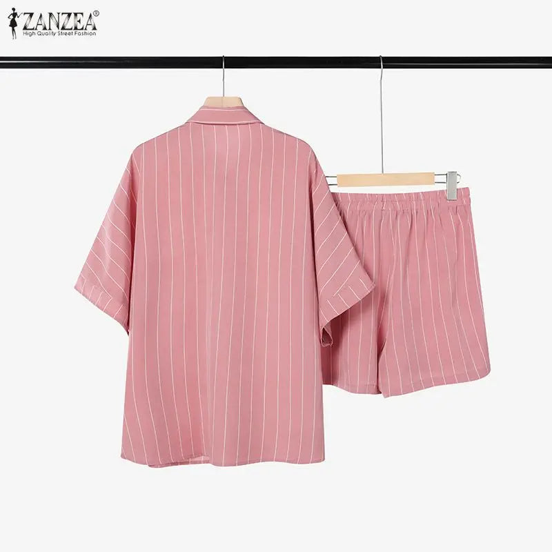 2026 ZANZEA Summer Elegant Short Sleeve Lapel Neck Shirt Short Sets Casual Women 2 Pieces Sets Striped Holiday Outfits Tracksuit