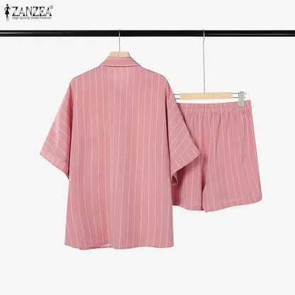 2026 ZANZEA Summer Elegant Short Sleeve Lapel Neck Shirt Short Sets Casual Women 2 Pieces Sets Striped Holiday Outfits Tracksuit