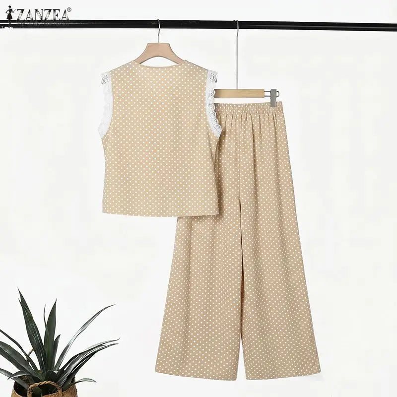 ZANZEA Summer Women Polka Dot Pant Sets Lace Trim V-Neck Sleeveless Top & Wide Leg Pants 2-Piece Sets Casual Streetwear Co-ords