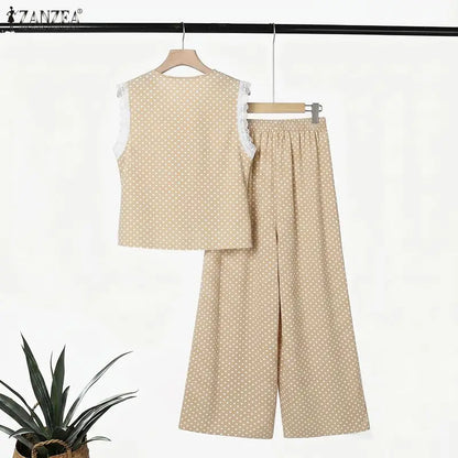 ZANZEA Summer Women Polka Dot Pant Sets Lace Trim V-Neck Sleeveless Top & Wide Leg Pants 2-Piece Sets Casual Streetwear Co-ords