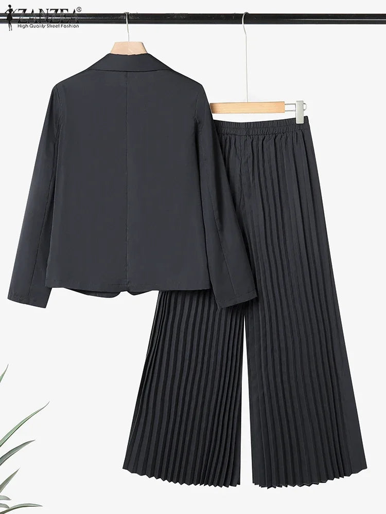 ZANZEA Autumn Office Outfits Women 2 Piece Sets Elegant Long Sleeve Blazer Wide Leg Pleated Trousers Suit Muslim Tracksuits 2025