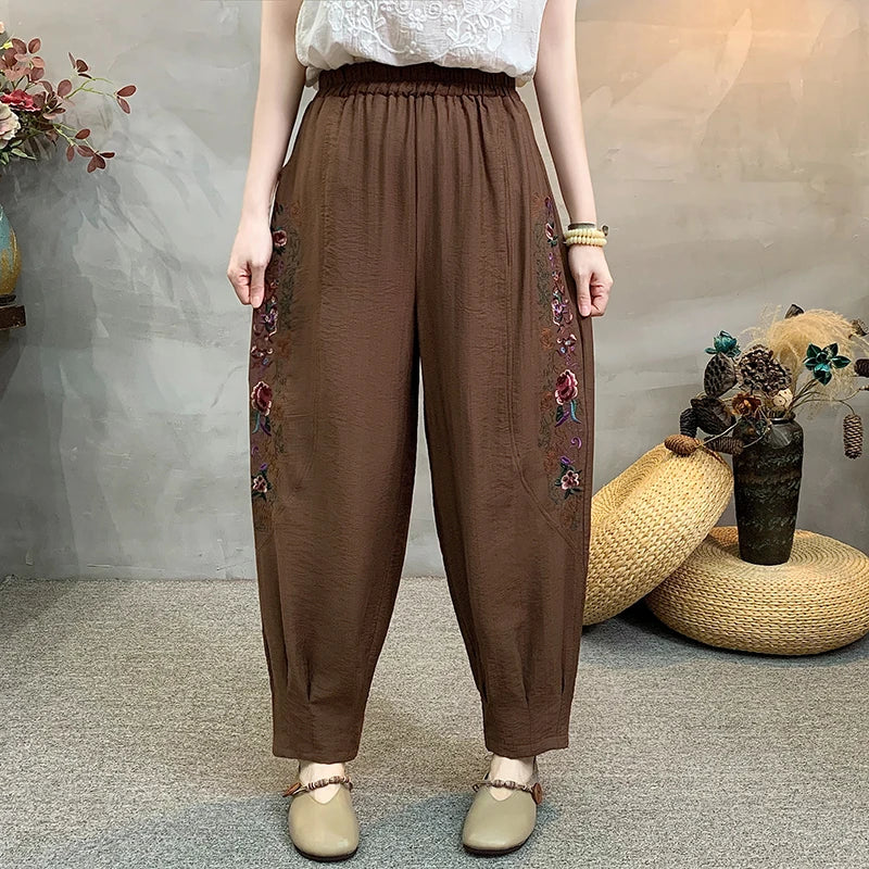 Fashionable Cotton And Linen Lantern Pants For Women's Daily Wear, Plus Size Casual Loose Elastic Waist Pants, High-quality