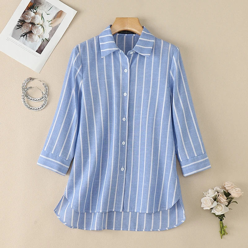 ZANZEA 2026 Woman Striped Shirts Turn-Down Collar 3/4 Sleeve Button Up High-Low Blouses Autumn Casual Commute Work Chemise Femme
