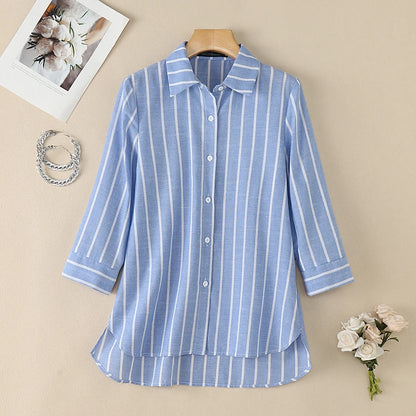 ZANZEA 2026 Woman Striped Shirts Turn-Down Collar 3/4 Sleeve Button Up High-Low Blouses Autumn Casual Commute Work Chemise Femme