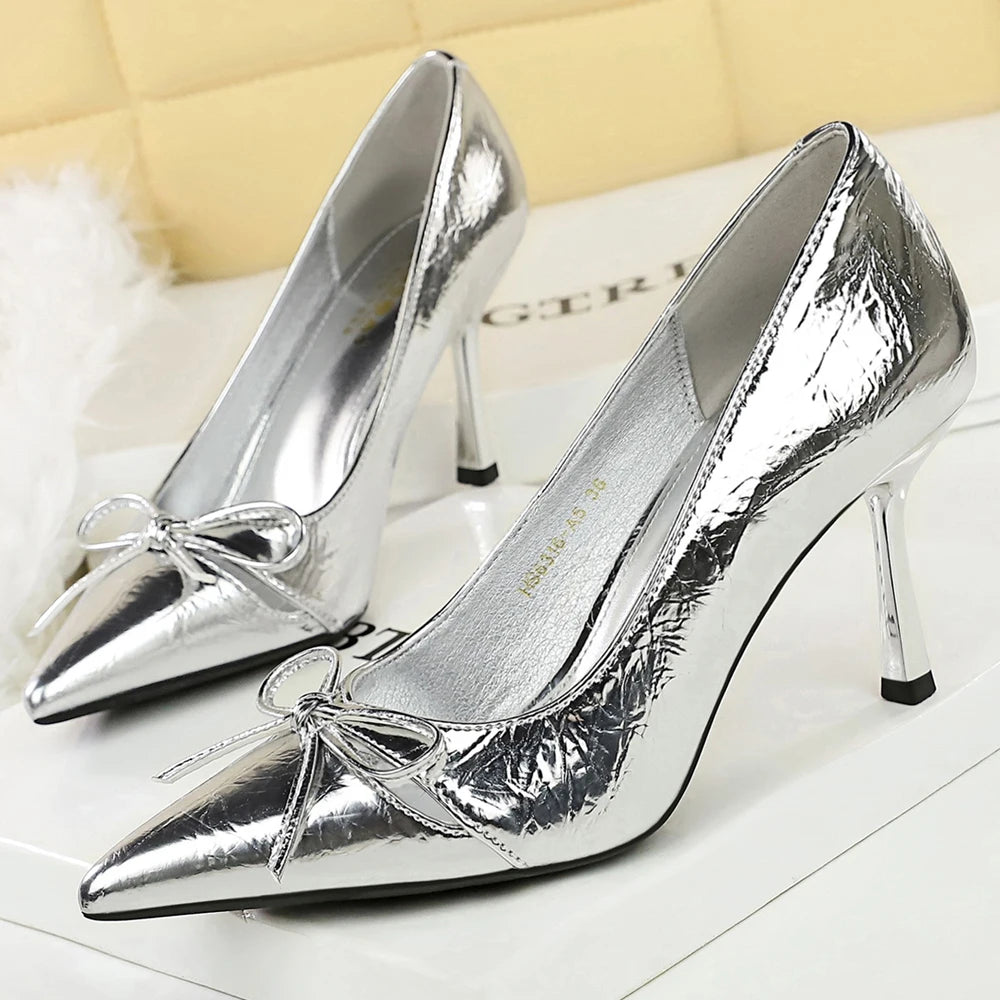 Women 8 Heels Patent Leather Women Pumps Bowknot Hollowed-Out High Heels Stiletto Sexy Party Shoes Female Pumps Plus Size 43