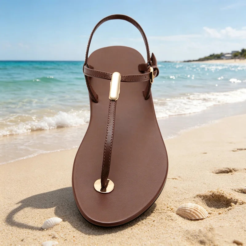 Concise Clip Toe Flat Sandals Women Fashion Ankle Strap Buckle Gladiator Sandals for Girl Luxury Metal Detail Summer Beach Shoes